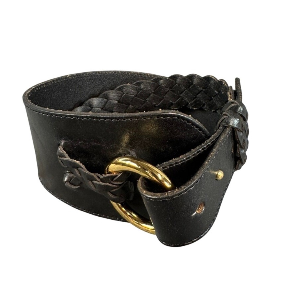 Black Leather Wide Waist Belt Gold O-Ring Braided Detail M FRE2026